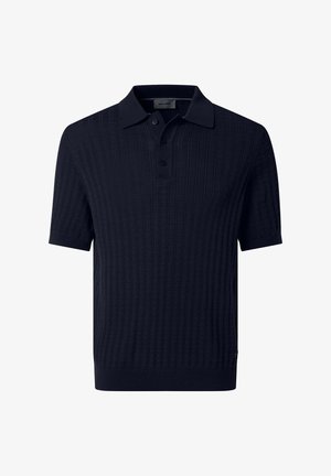 Marineblaues kurzärmeliges Poloshirt mit strukturiertem Karomuster und Drei-Knopf-Leiste.
