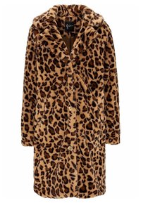 Leopardprint falsk pelsjakke med sjalkrave, frontknaplukning og lange ærmer. Har en blød, struktureret overflade.