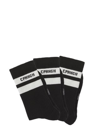 Three pairs of black ribbed socks with white and black stripes and "CPHHGH" text near the top cuff, laid flat on white background.