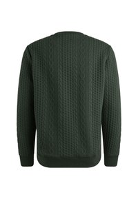 Donkergroen sweatshirt met een getextureerde brei met kabelpatronen, ronde halslijn en geribde boorden en onderrand.