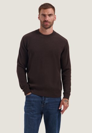 Man met kort bruin haar, gekleed in een donkerbruine trui met lange mouwen en een blauwe spijkerbroek, staand tegen een eenvoudige lichte achtergrond.