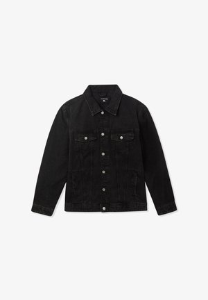 Giacca in denim nera con un design classico, dotata di colletto a punta, due tasche sul petto, bottoni argento e tasche laterali.