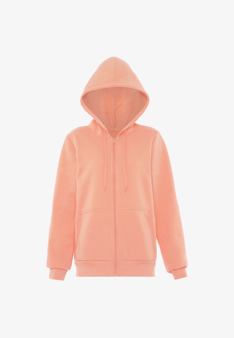 Licht perzik kleurige zip-up hoodie met een capuchon, lange mouwen, twee voorzakken en koordjes. Zachte textuur, casual ontwerp, geen zichtbare patronen.