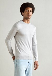 Light gray, long-sleeve sweater made of soft fabric with a crew neck. Features ribbed cuffs and hem. Paired with light blue denim jeans.