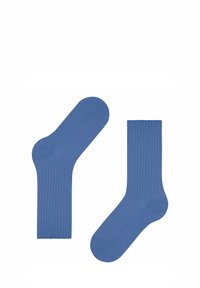 Calze blu rigate con un design senza cuciture nella punta e nel bordo. Realizzate in un tessuto morbido, presentano un colore uniforme senza motivi o decorazioni.