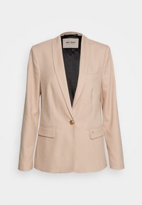 Blazer beige con un singolo bottone dorato, rever a becco, due tasche frontali e foderato in nero. Texture liscia, vestibilità strutturata.