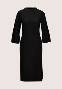 Schwarzes Midi-Kleid mit hohem Ausschnitt und dreiviertel langen Glockenärmeln. Aus einem glatten Stoff gefertigt, mit seitlichen Schlitzdetails.