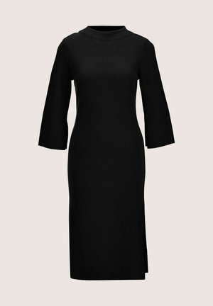 Black midi dress with a high neckline and three-quarter bell sleeves. Made from a smooth fabric with side slit detailing.