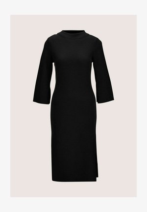 Zwarte midi-jurk met hoge halslijn en driekwart klokmouwen. Gemaakt van een gladde stof met zijsplitdetails.
