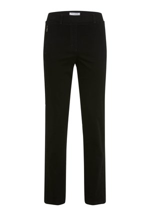Pantalons noirs en tissu doux avec une coupe droite. Ils possèdent une poche avant avec une fermeture éclair et des accents de couture visibles.