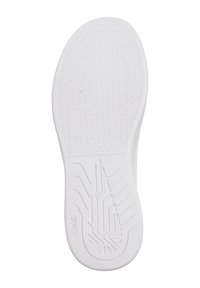 White rubber shoe sole with textured grip pattern and embossed branding. Features a rounded shape with grooves for traction.