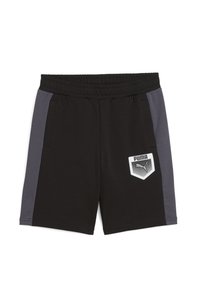Pantaloni sportivi neri con pannelli grigi ai lati, vita elastica, due tasche e un logo PUMA bianco su un'etichetta a forma di scudo.