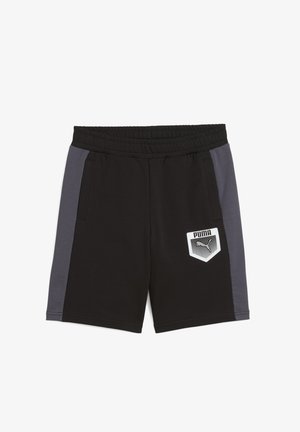 Čierne športové šortky so sivými bočnými panelmi, elastickým pásom, dvoma vreckami a bielym logom PUMA na štítovom nápute.