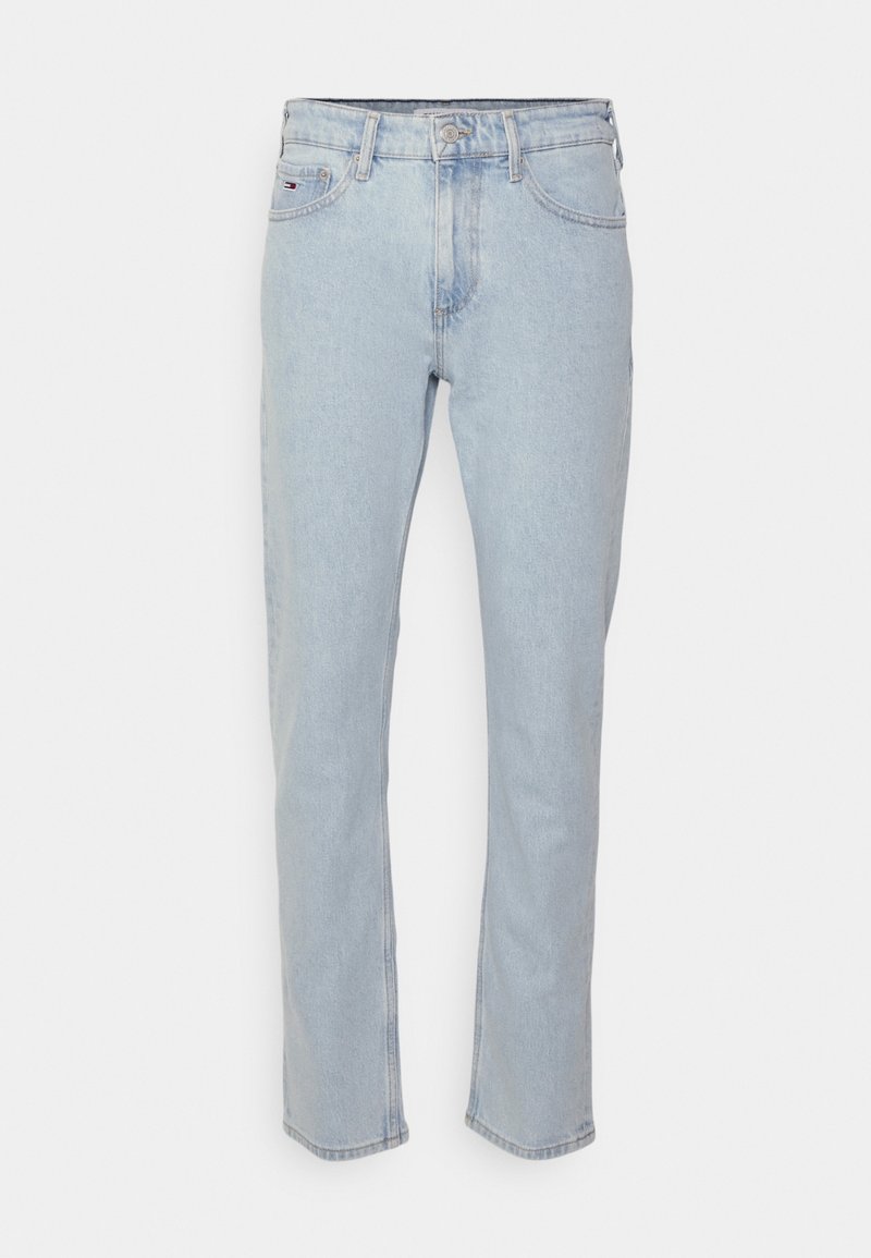 Hellblaue Jeans aus Denim mit geradem Bein, ausgestattet mit fünf Taschen, einem Knopfverschluss und dezenten Verwaschungen im Stoff.