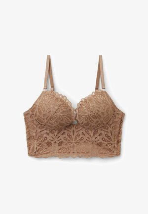 Spitzen-BH in einem warmen Beige mit floralen Mustern, gepolsterten Cups und verstellbaren Trägern. Die gewellten Kanten verleihen dem Design zusätzlichen Charme.