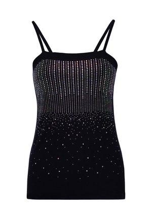 Black sleeveless top with thin straps, decorated with vertical and scattered small shiny silver studs on front.