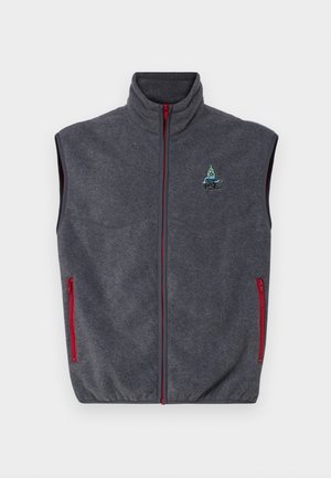Grijze fleece vest met hoge kraag, rode ritsen en zijzakken. Bevat een geborduurd ontwerp aan de bovenste linkerkant.