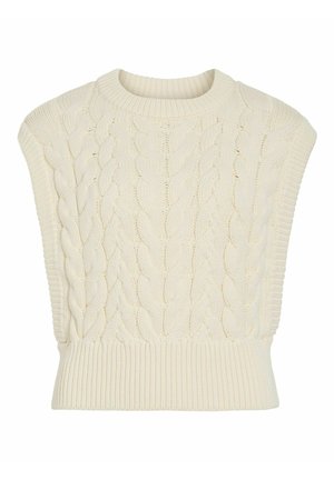 Gilet senza maniche color crema lavorato a maglia con motivo a trecce e orlo e scollo a coste.