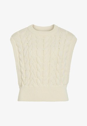 Kreemivärvi kudumata varrukateta kampsunisärk palmikumustriga ning soonilise ääre ja kaelusega.