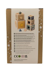 Stacked wooden shape sorting blocks with various cutouts, animal illustrations, and removable shapes on product packaging.