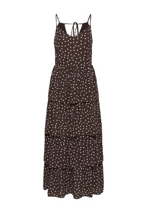 Braunes ärmelloses gestuftes Maxikleid mit weißen Polka-Dots und dünnen, am Rücken gebundenen Trägern.