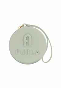 Žalias silikono apvalus maišeliai su iškilusia „FURLA“ logotipu, su derančia juostele ir auksinėmis detalėmis. Lygus, matinio tekstūros paviršius.