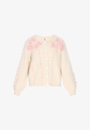 Kreminės spalvos kardiganas su rausvomis gėlėmis, turintis mygtukų užsegimą, laisvą prigludimą ir tekstūruotą mezgimą.