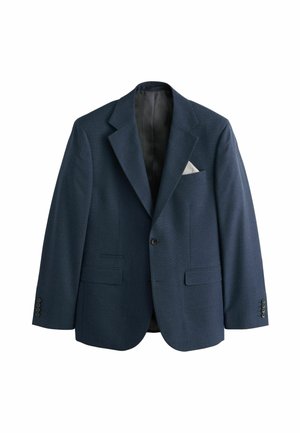 Navy blue single-breasted blazer with notched lapels, two front flap pockets, chest pocket with white pocket square, and four-button cuffs.