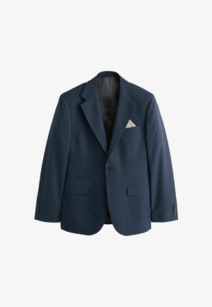 Marineblauer einreihiger Blazer mit gekerbtem Revers, zwei vorderen Pattentaschen, Brusttasche mit weißem Einstecktuch und Vier-Knopf-Manschetten.