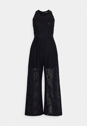 Sort ærmeløs jumpsuit med blonder bredbenede bukser, udsmykket tætsiddende krop med blomster- og geometriske mønstre, lynlåslukning foran.