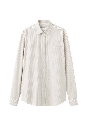 Koszula w paski z długim rękawem w jasnobeżowym i brązowym kolorze, z zapięciem na guziki z przodu, kołnierzykiem i mankietami w pasującym wzorze pasków.