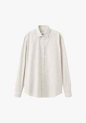 Gestreiftes Langarmshirt in Hellbeige und Braun mit durchgehendem Knopfverschluss, Kragen und Manschetten mit passenden Streifenmustern.