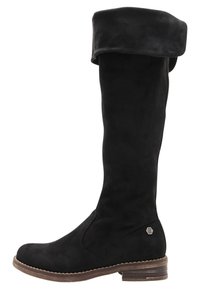 Czarne kozaki za kolano zamszowe, z odwijanym mankietem, płaskim drewnianym obcasem oraz sześciokątną ozdobą z boku.