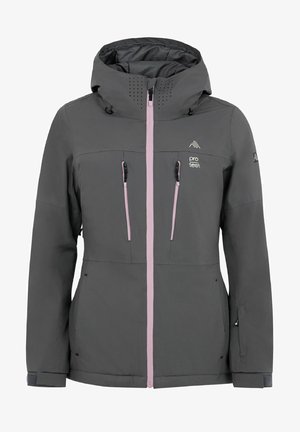 Giacca impermeabile grigia con cappuccio, cerniere rosa, due tasche frontali e dettagli ventilati sul petto; progettata per attività all'aperto.