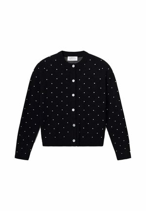 Cárdigan negro con cuello redondo, que presenta un tejido texturizado y lunares blancos. Cierre frontal con botones a juego.