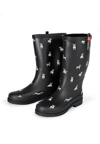 Black rubber rain boots adorned with various cartoon-style dogs in different poses, featuring a textured sole and pull tabs at the top.