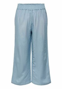 Ljust blå vida byxor med resårmidja. Slät tygtextur, ankel-längd med avslappnad passform, inga synliga mönster eller dekorationer.