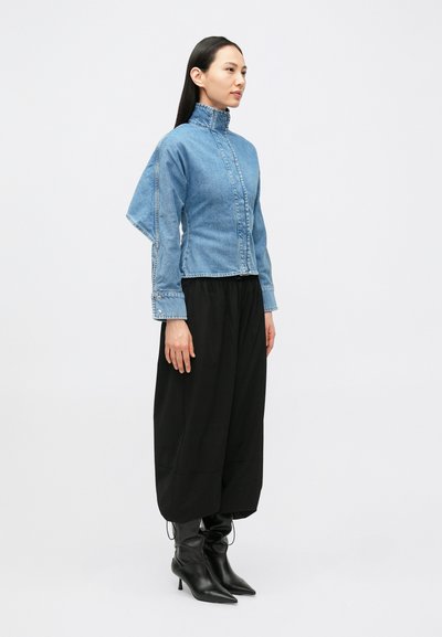 Džinsa jaka ar augstu apkakli, zilā krāsā, ar pogu aizdari. Pāris melnu, vaļīgu biksu un melnu, smailu papēžu zābaku.