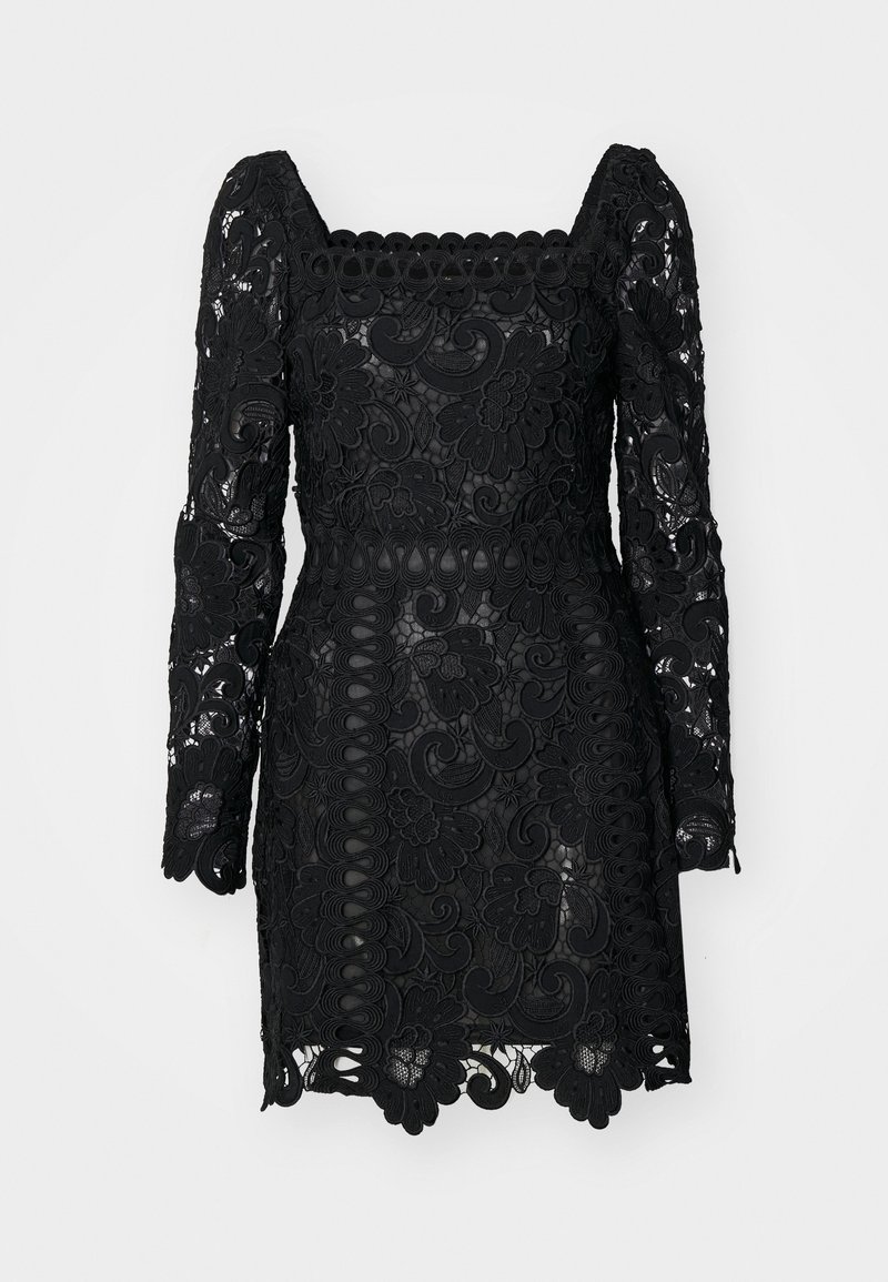 Schwarzes Spitzenkleid mit quadratischem Ausschnitt, langen Ärmeln, floralem Muster und gewelltem Saum. Semi-transparent mit taillierter Silhouette.