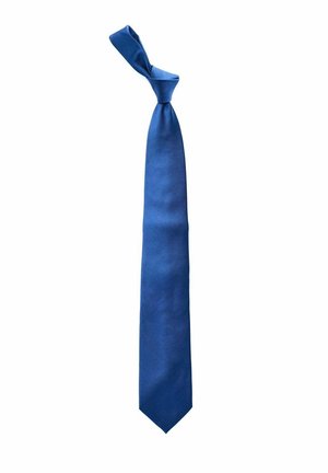 Blå silke slips med en tekstureret overflade og en spids spids. Har et knyttet design øverst.