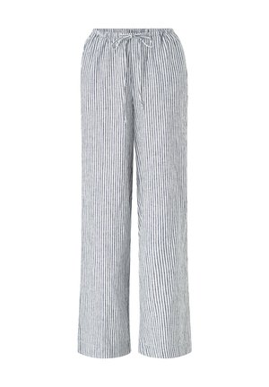 Lightweight, striped pants with an elastic waistband and drawstring. They feature vertical blue and white stripes and a wide-leg design.