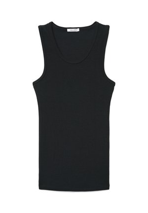 Top nero senza maniche con scollo rotondo, taglio aderente e etichetta di tessuto sul colletto con la scritta "Calliope".