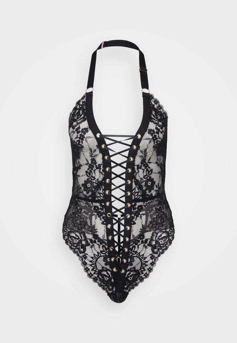 Zwarte kant bodysuit met een diepe V-hals, corsetstijl voorlacing met gouden accenten en golvende randen. Glad stoffen onderkant.