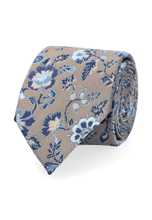 Krawat w kwiaty z brązowym tłem, z niebieskimi i jasnoróżowymi kwiatami, o teksturowanej tkaninie i zwiniętym designie.