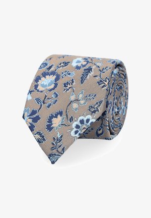 Krawat w kwiaty z brązowym tłem, z niebieskimi i jasnoróżowymi kwiatami, o teksturowanej tkaninie i zwiniętym designie.