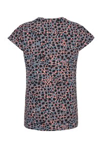 Kortärmad topp i ett flerfärgat prickigt mönster med svart, rosa och blått mot en grå bakgrund; mjuk, andningsbar tyg.