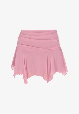 Roza plisētā svārku ar nevienmērīgu apakšmalu, mīkstu tekstūru un savāktu jostasvietu, kas izgatavota no viegla, plūstoša auduma.