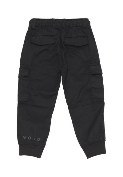 Pantaloni cargo neri realizzati in tessuto morbido, con vita elastica, due tasche posteriori e polsini a coste. Sottile marchio "MOND" vicino all'orlo.