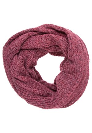 Écharpe infinie tricotée douce couleur rose poudré, disposée en boucle circulaire.