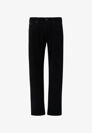 Zwarte rechte corduroy broek met een voorste knoop en ritssluiting, voor- en achterzakken, gepresenteerd op een witte achtergrond.